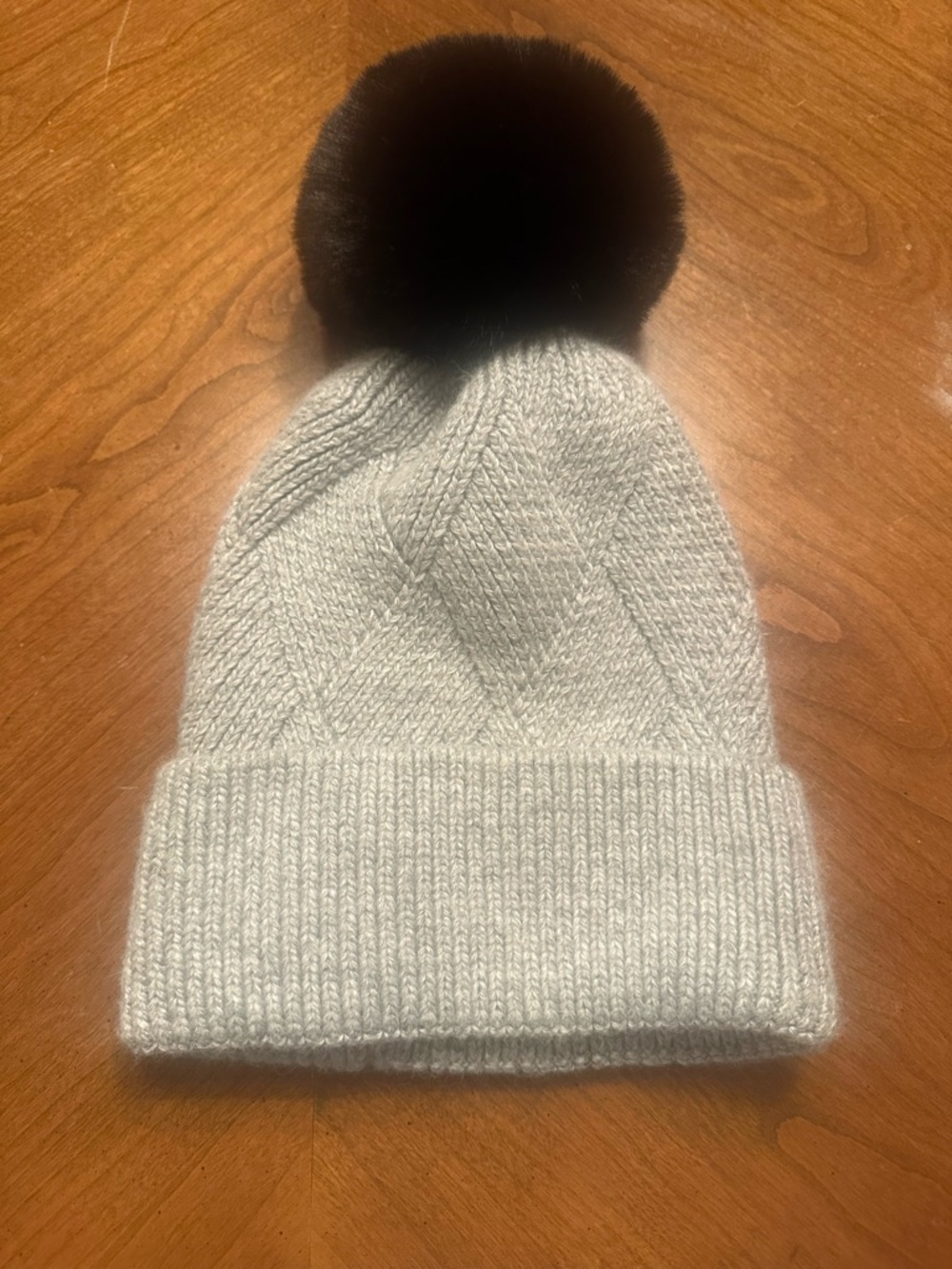 Anthropologie Light Gray Ribbed Knit Pom Pom Beanie